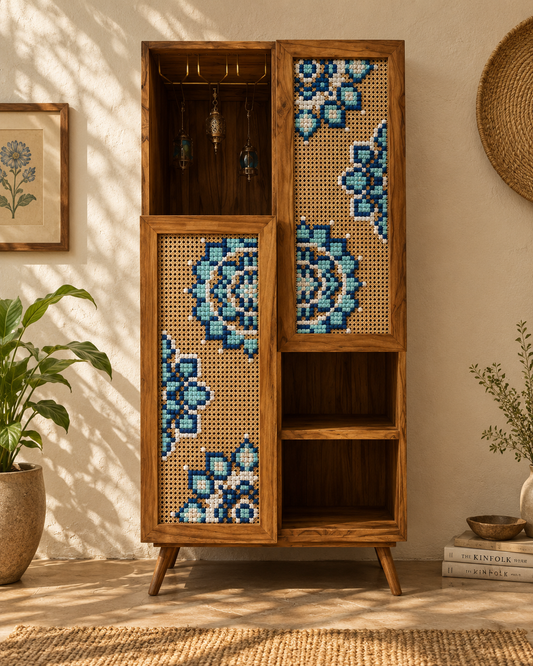 Wooden Bar Cabinet with Art (Blue & White Mandala)