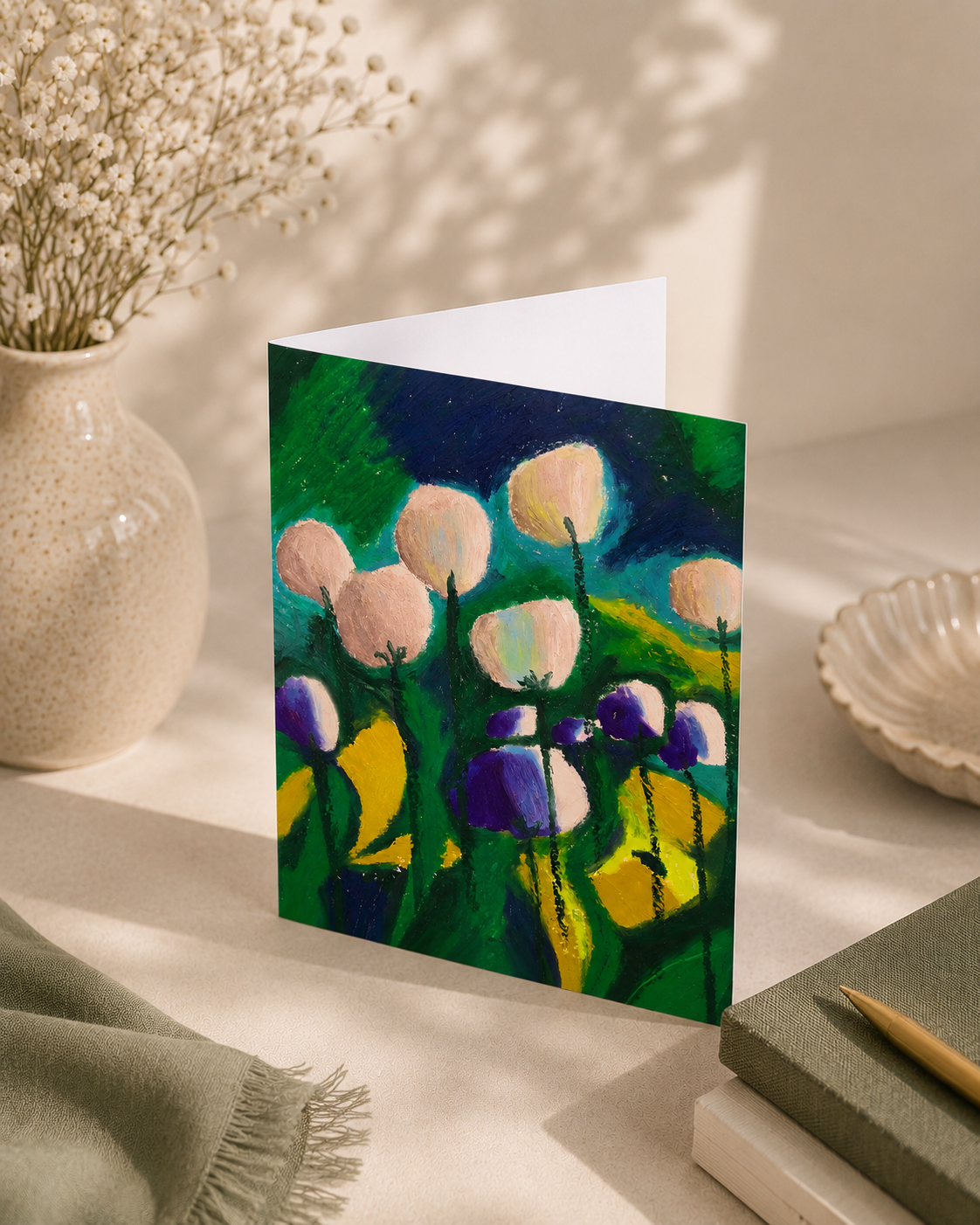 Midnight Garden Blooms — A5 Art Greeting Card