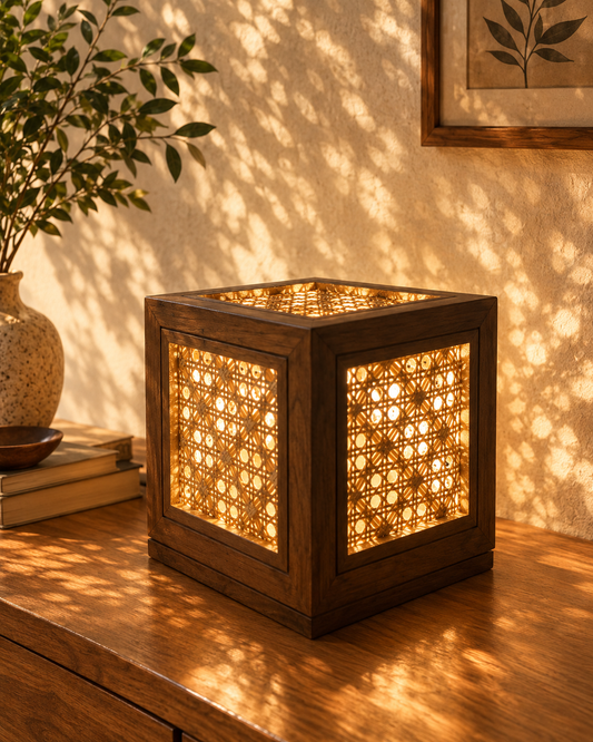 Teak Wood Cube Lamp 7"