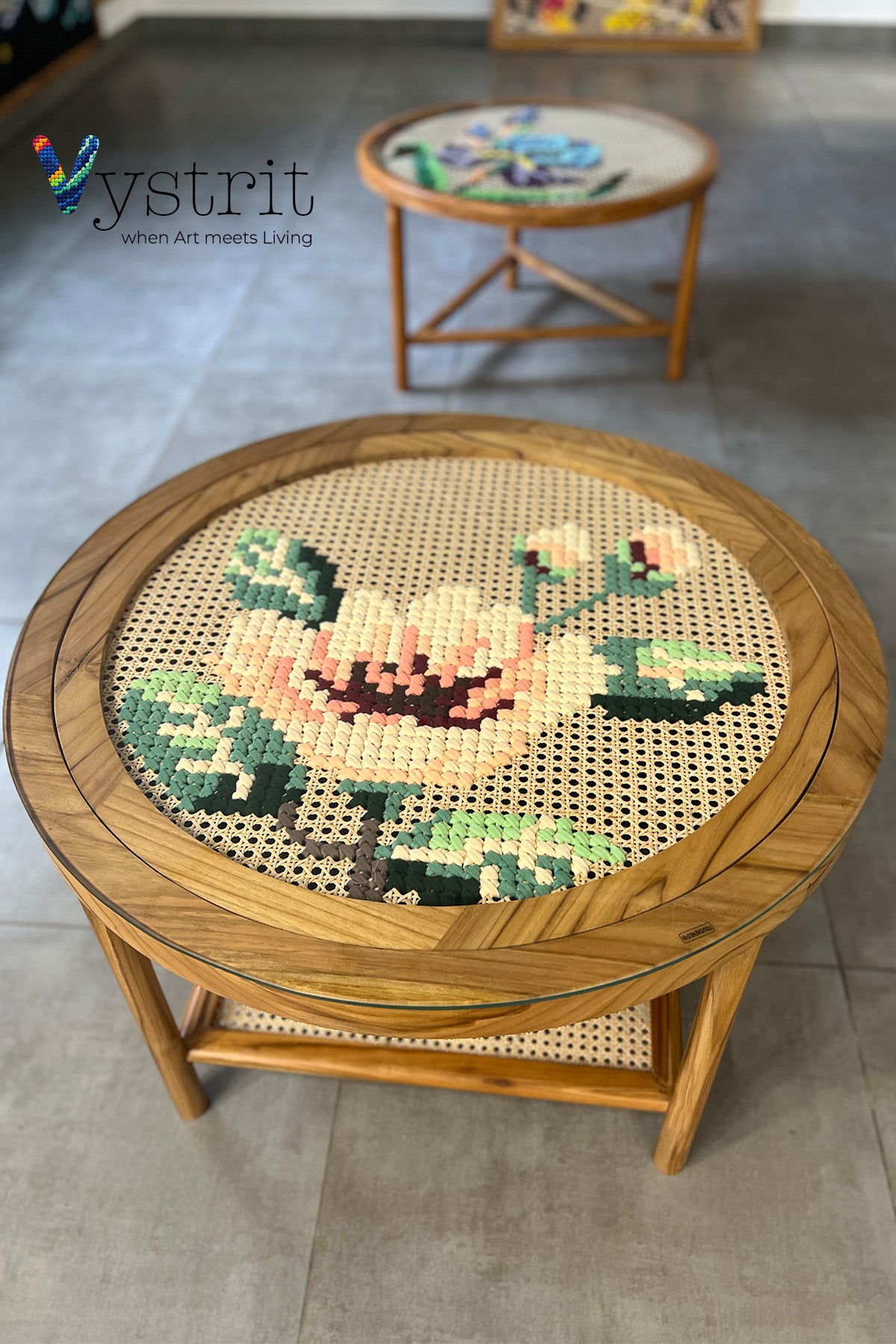 Round Coffee Table with Replacable Art - Cherry Blossom (32 inch diameter)