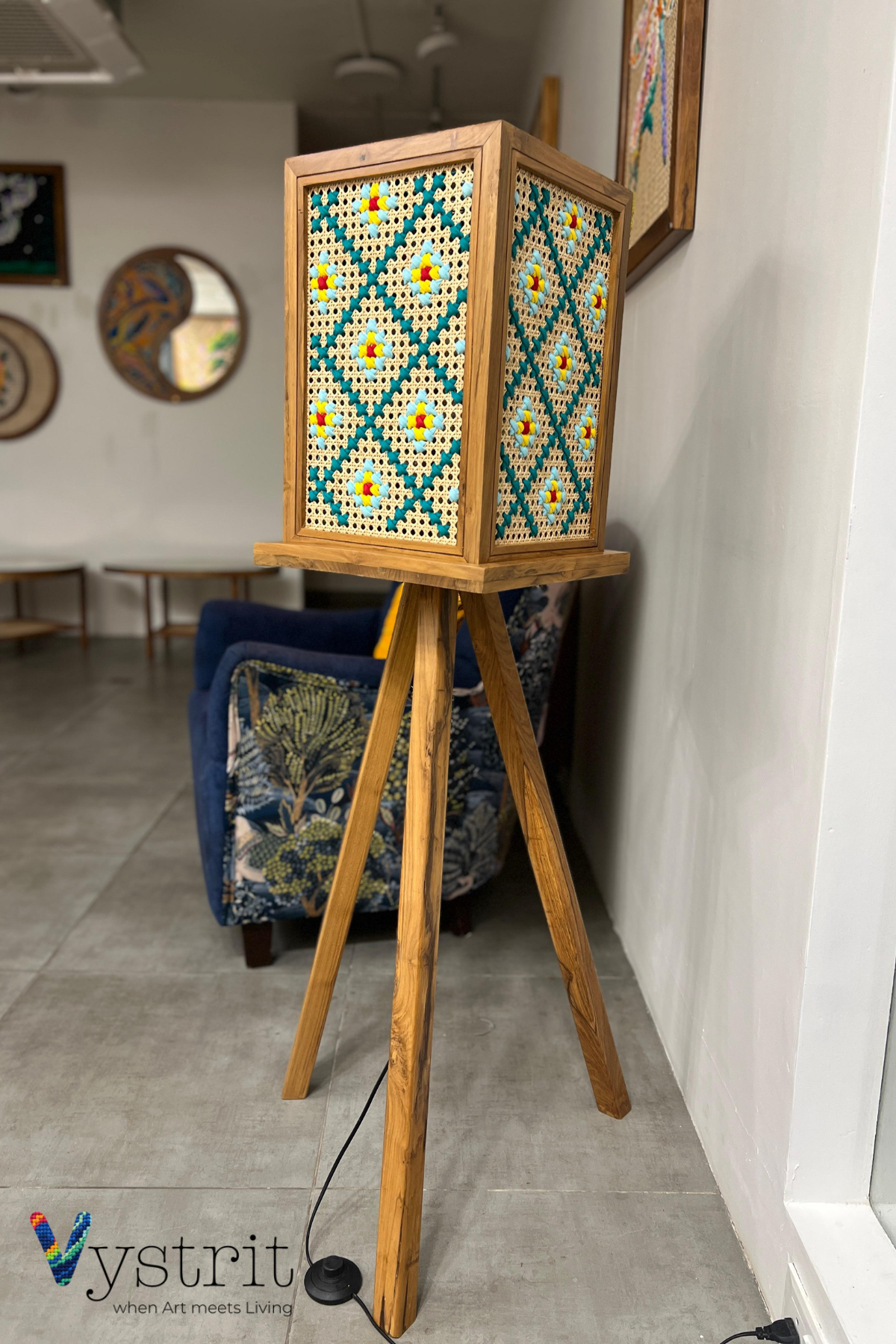 Celeste Prism Lamp (Tripod Teakwood Floor Lamp with Art)