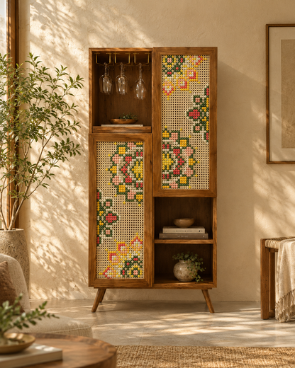 Wooden Bar Cabinet with Art and slide out mixing tray