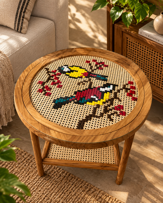 Coffee Table with Replacable Art - The Beauty of Finches (32 inch diameter)