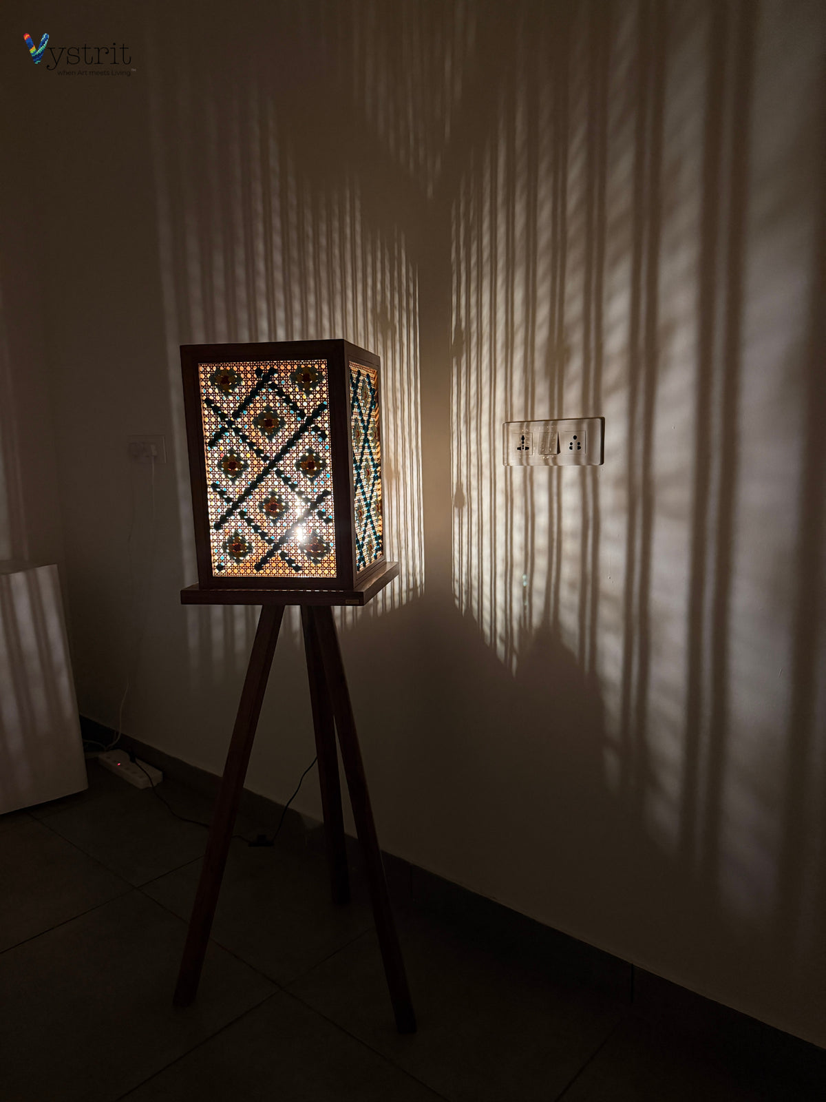 Celeste Prism Lamp (Tripod Teakwood Floor Lamp with Art)