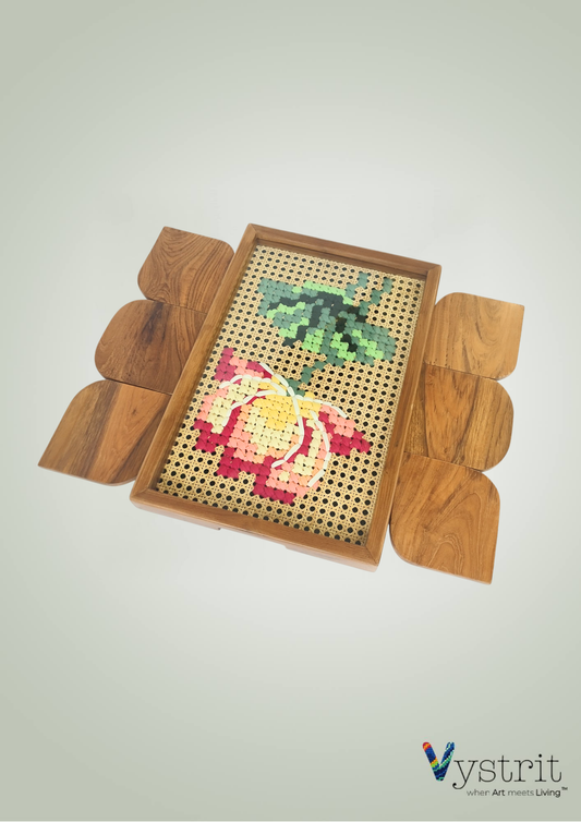 Lotus Bloom Handcrafted Teakwood Tray with Lotus Art & Coasters