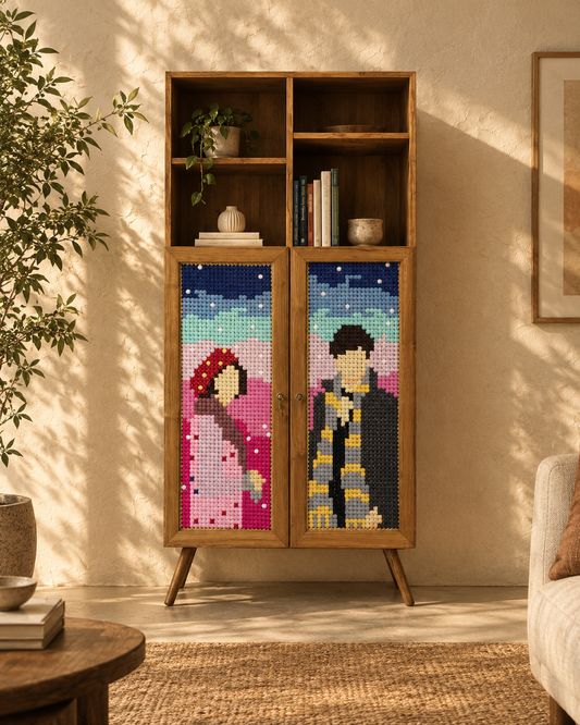 Wooden Book Cabinet with Art