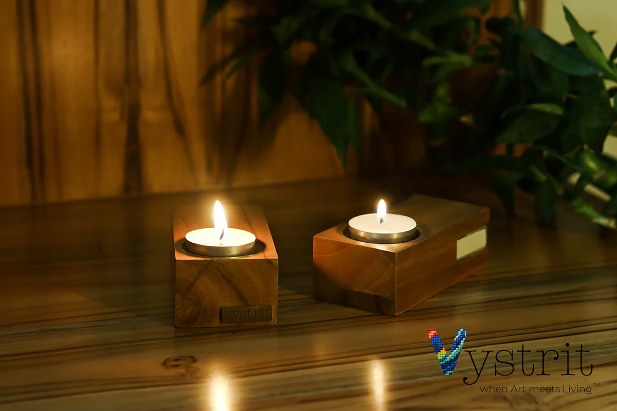 Set of 2 Teakwood Tealight Holder with Matchbox Slot