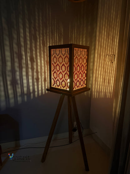 Ember Veil Lamp (Tripod Teakwood Floor Lamp with Geometric Art)