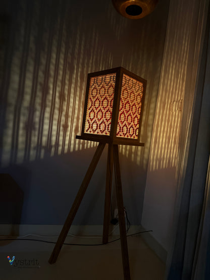 Ember Veil Lamp (Tripod Teakwood Floor Lamp with Geometric Art)