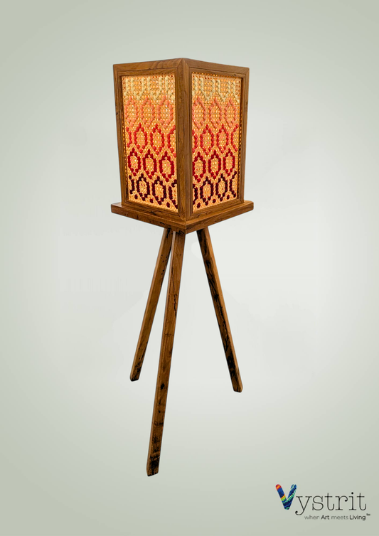Ember Veil Lamp (Tripod Teakwood Floor Lamp with Geometric Art)